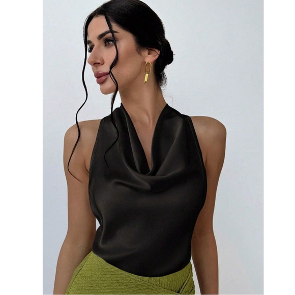 Black Satin Halter Draped Tie Neck Sleeveless Blouse - Picture 1 of 8